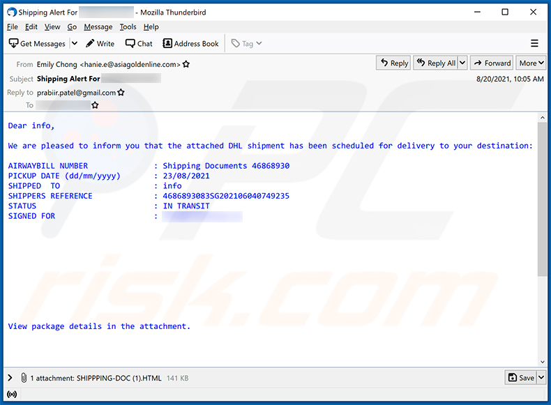 Correo spam con temática de envíos de DHL (2021-09-20)