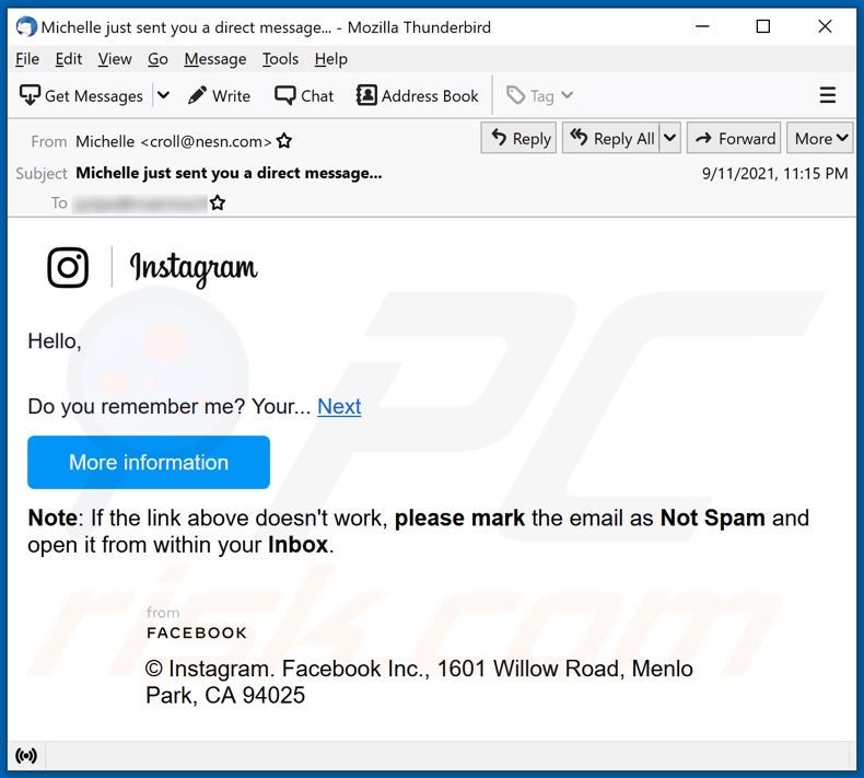 Variante alternativa de email fraudulento de Instagram