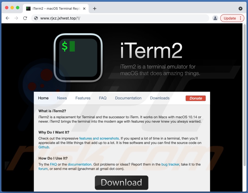 Sitio web fraudulento utilizado para promover el malware iTerm2