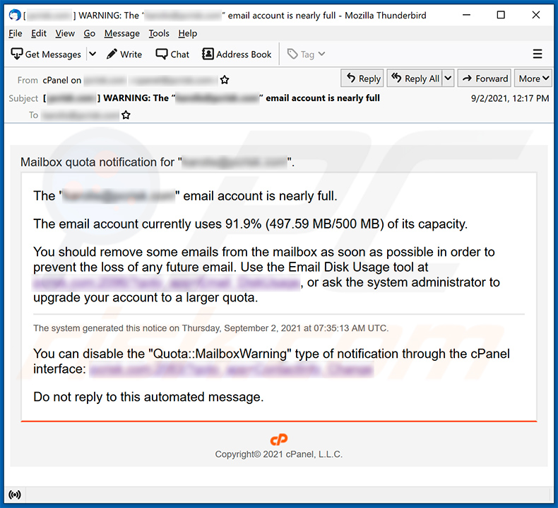 Correo electrónico de spam con la temática de la capacidad del buzón promocionando un sitio de phishing (2021-09-10)