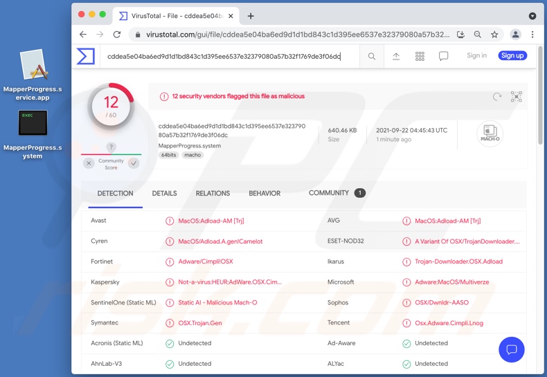 Detecciones de adware MapperProgress en VirusTotal