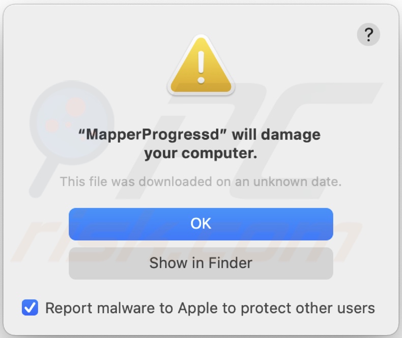 Ventana emergente que se muestra cuando se detecta el adware MapperProgress en el sistema