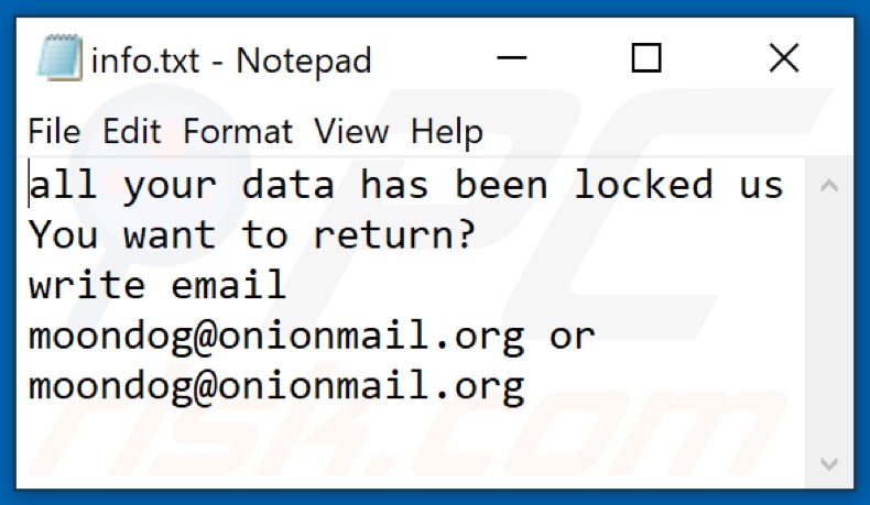 Archivo de texto del ransomware MOON (info.txt)