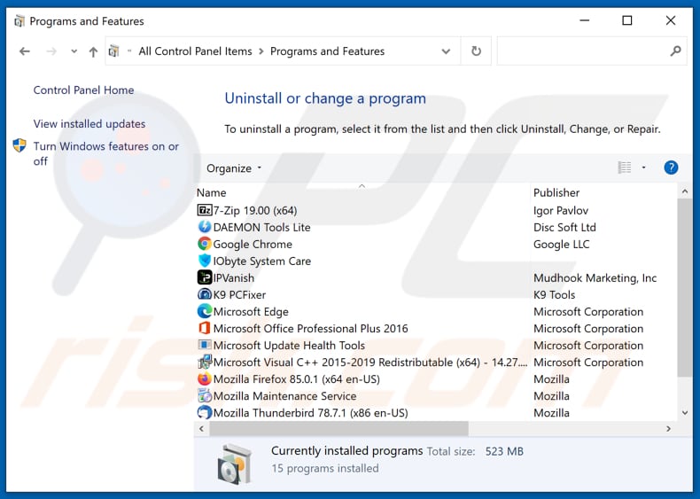 Desinstalar el adware mugrikees[.]com a través del Panel de Control