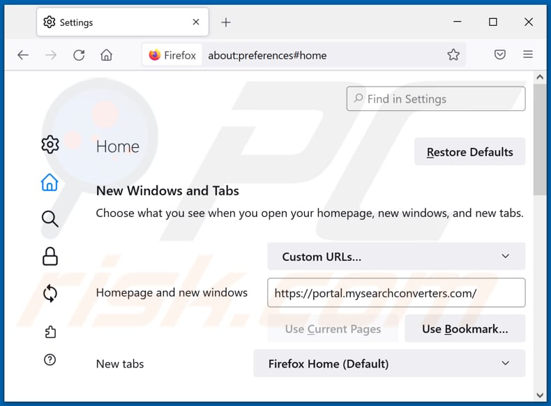 Eliminando mysearchconverters.com de la página de inicio de Mozilla Firefox