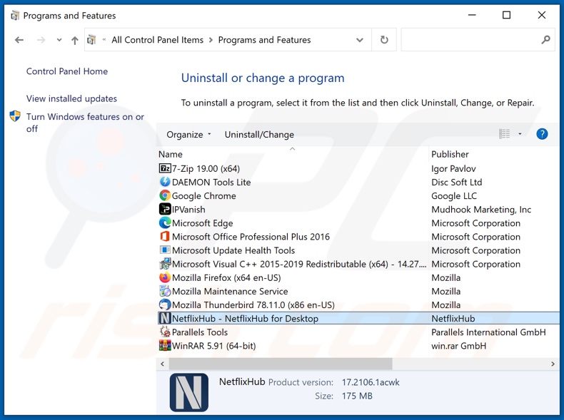 Desinstalar el adware NetflixHub a través del Panel de Control