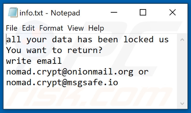 Archivo de texto del ransomware Nomad (info.txt)