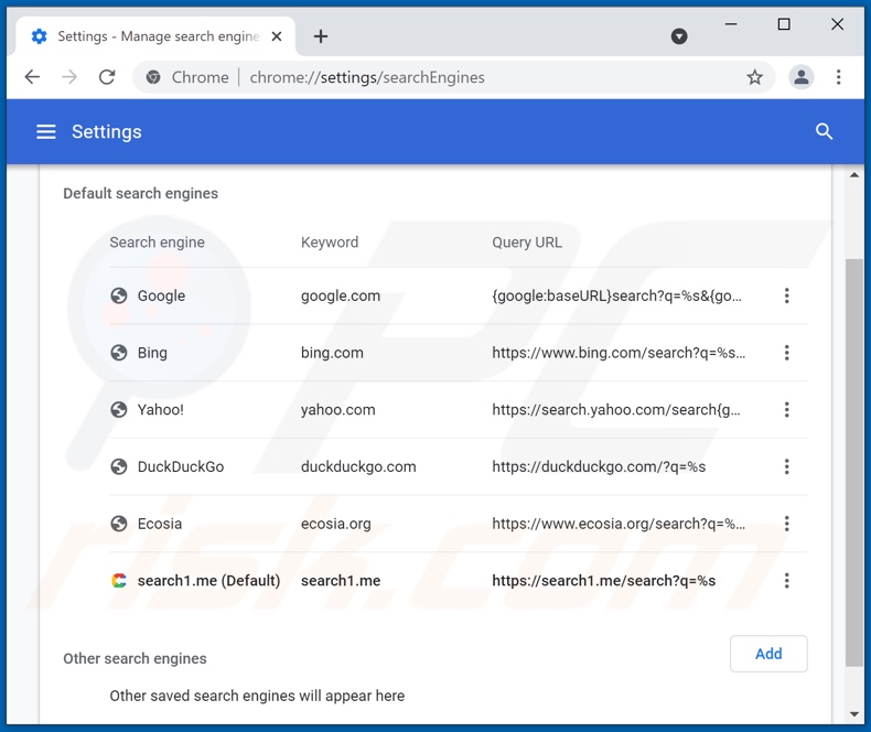 Eliminando search1.me del motor de búsqueda predeterminado de Google Chrome