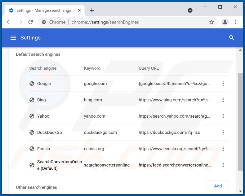 Eliminando searchconvertersonline.com del motor de búsqueda predeterminado de Google Chrome