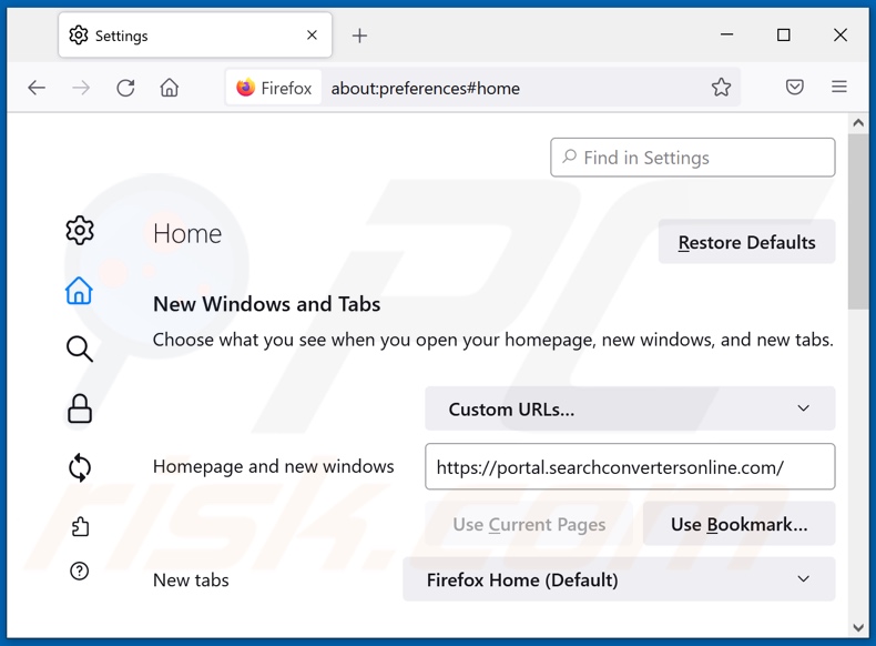 Eliminando searchconvertersonline.com de la página de inicio de Mozilla Firefox