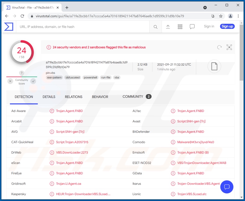 Detecciones del malware Squirrelwaffle en VirusTotal