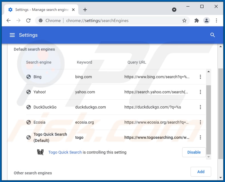 Eliminando togosearching.com del motor de búsqueda predeterminado de Google Chrome