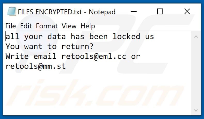 Archivo de texto del ransomware yUixN (FILES ENCRYPTED.txt)