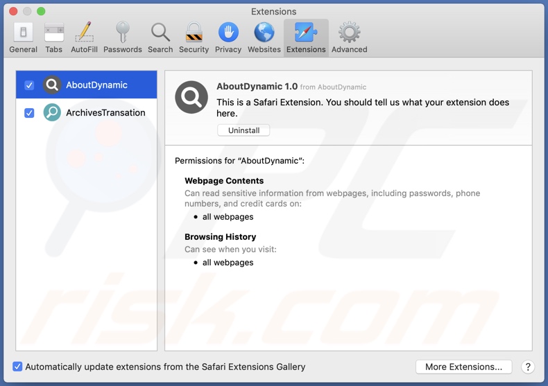 Adware AboutDynamic instalado en Safari