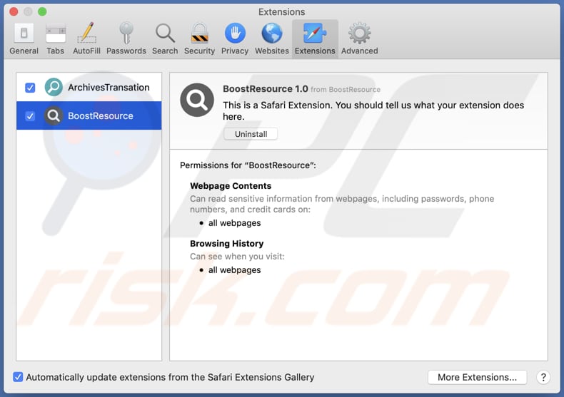 Adware BoostResource instalado en Safari