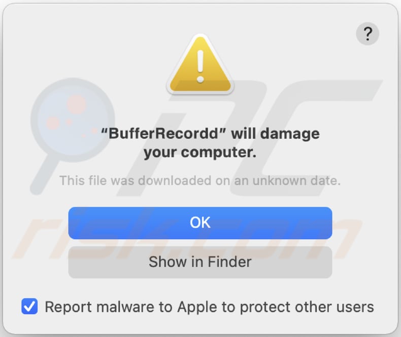 Ventana emergente de adware BufferRecord que aparece mientras BufferRecord está presente