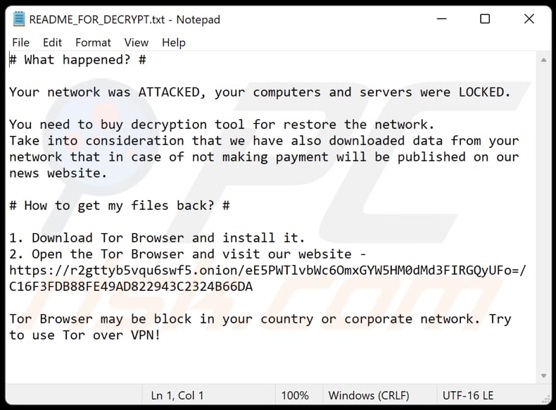 Archivo de texto del ransomware Diavol (README_FOR_DECRYPT.txt)