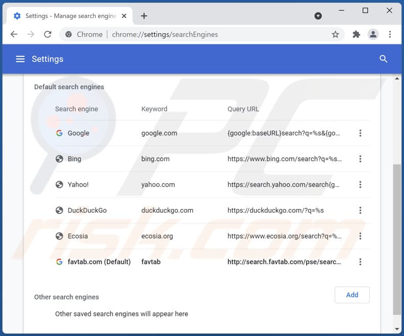 Eliminando favtab.com del motor de búsqueda predeterminado de Google Chrome