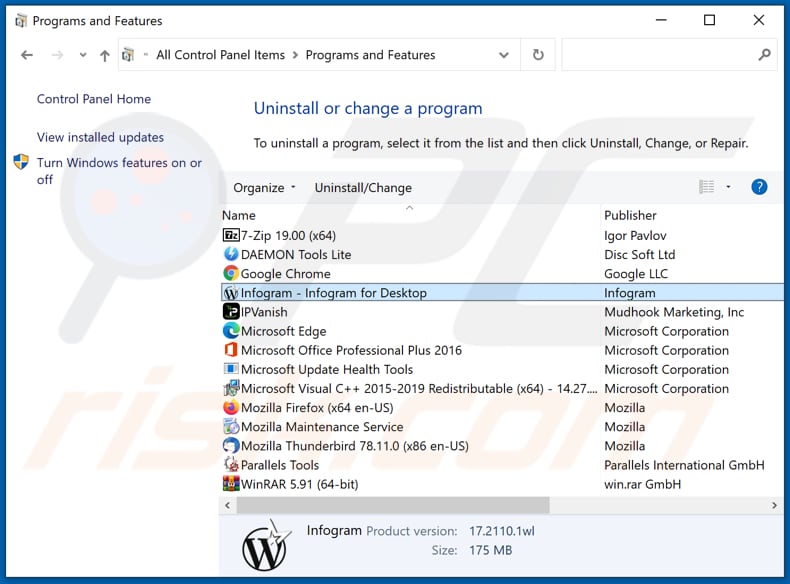 Desinstalar el adware Infogram a través del Panel de Control