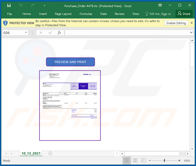 Documento malicioso de MS Excel distribuido a través de email no deseado con temática de factura (2021-10-14)