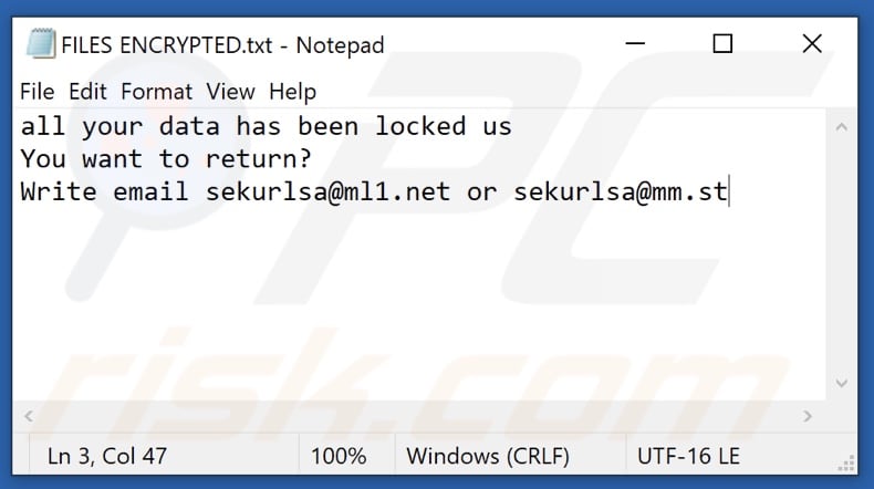 Archivo de texto del ransomware Lsas (FILES ENCRYPTED.txt)