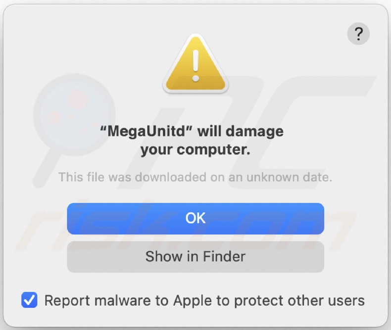 Ventana emergente que se muestra cuando se detecta el adware MegaUnit