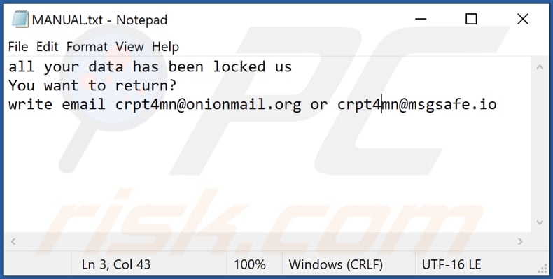 Archivo de texto del ransomware MS (MANUAL.txt)