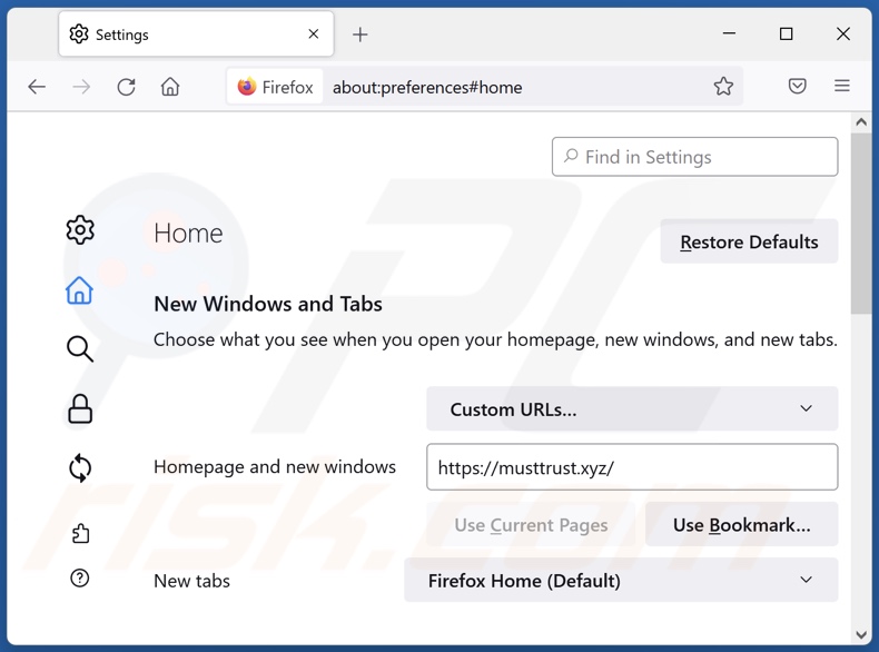 Eliminando musttrust[.]xyz de la página de inicio de Mozilla Firefox