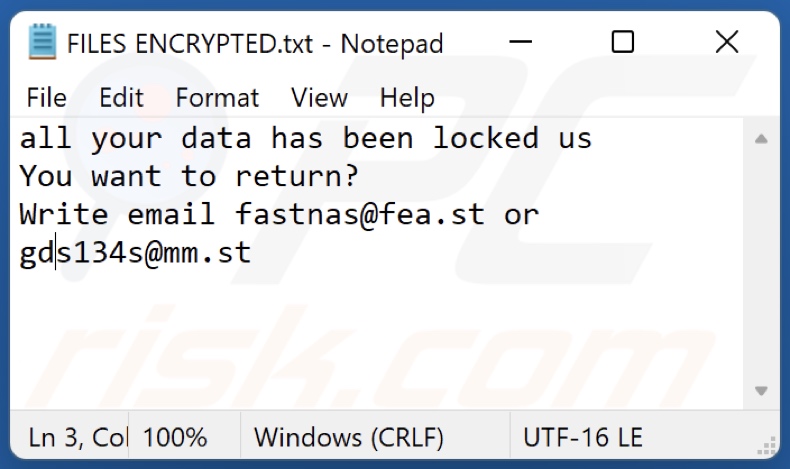 Archivo de texto del ransomware NaS (FILES ENCRYPTED.txt)