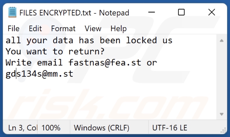 Archivo de texto del ransomware NaS (FILES ENCRYPTED.txt)