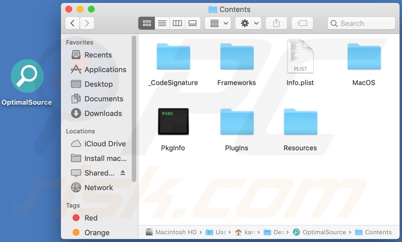 Carpeta de instalación del adware OptimalSource