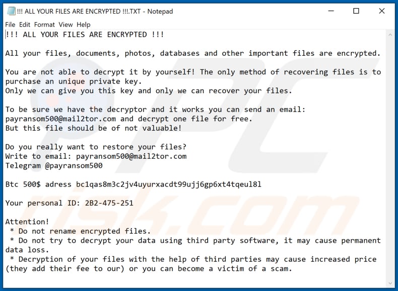 Instrucciones de desencriptado de Payransom500 (!!! ALL YOUR FILES ARE ENCRYPTED !!!.TXT)