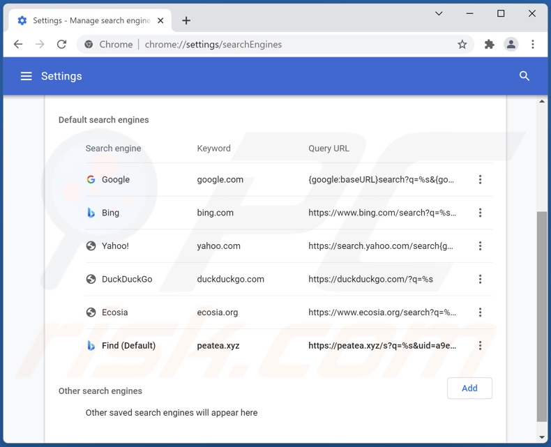 Eliminando peatea[.]xyz del motor de búsqueda predeterminado de Google Chrome