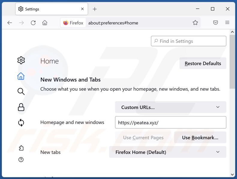 Eliminando peatea[.]xyz de la página de inicio de Mozilla Firefox