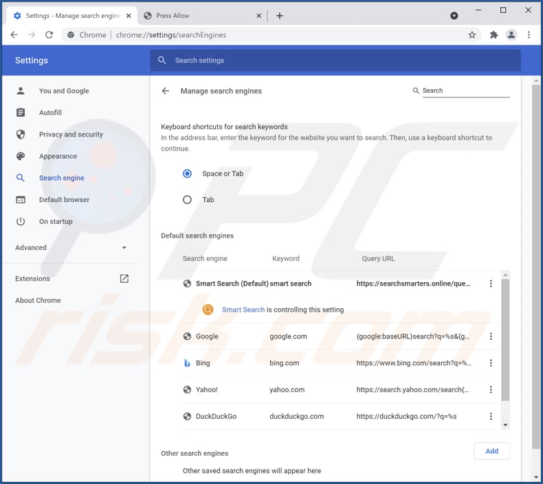 Eliminando searchsmarters.online del motor de búsqueda predeterminado de Google Chrome