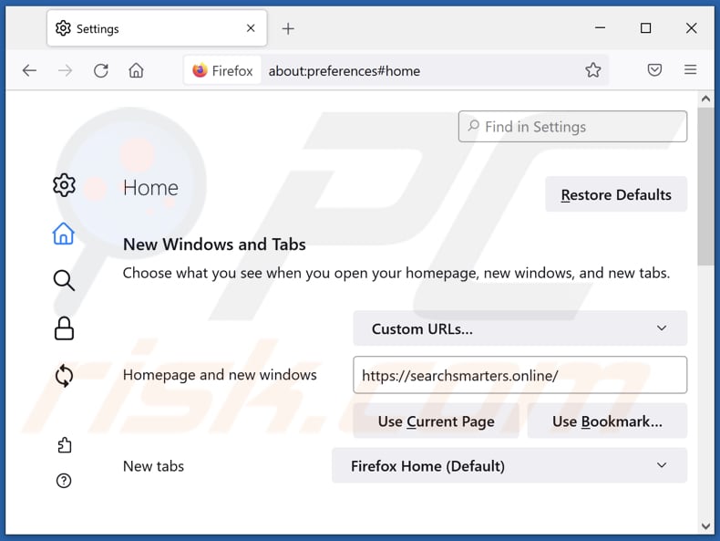 Eliminando searchsmarters.online de la página de inicio de Mozilla Firefox