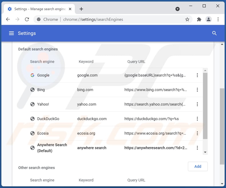 Eliminando anywheresearch.com del motor de búsqueda predeterminado de Google Chrome