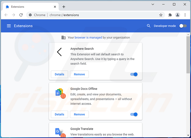 Eliminando las extensiones de Google Chrome relacionadas con anywheresearch.com