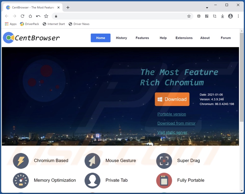 Cent Browser sitio promocional