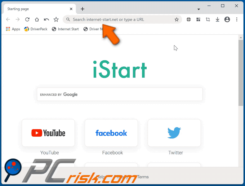 Cent Browser redireccionando a través de internet-start.net (GIF)