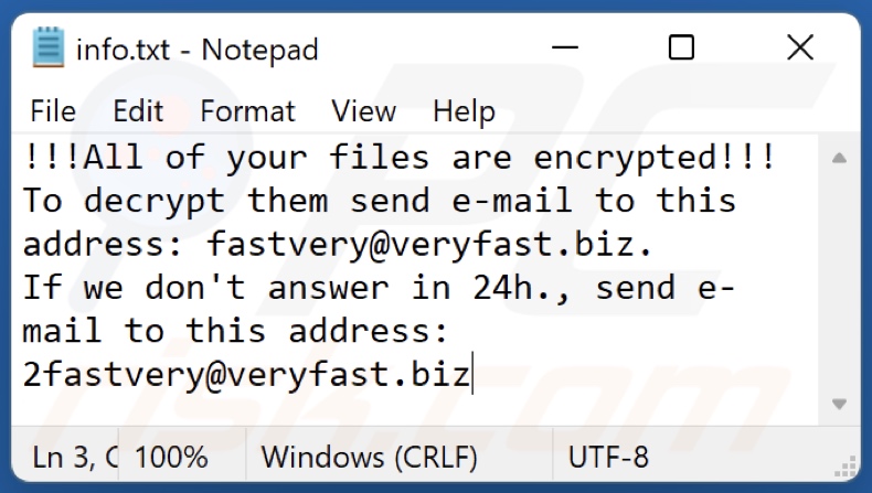 Archivo de texto del ransomware Fastvery (info.txt)