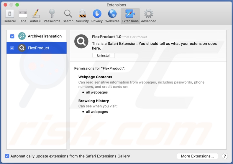 Adware FlexProduct instalado en Safari