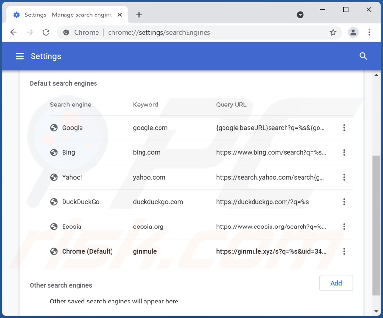 Eliminando ginmule.xyz del motor de búsqueda predeterminado de Google Chrome