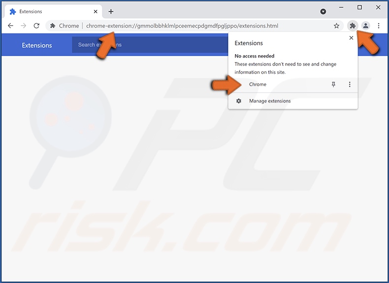 Lista de extensiones falsas de Chrome mostrada por una extensión falsa que promueve el motor de búsqueda falso ginmule.xyz