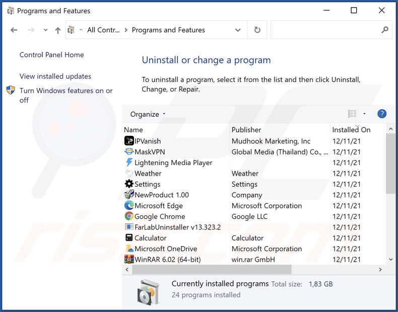 Desinstalación del secuestrador del navegador ginmule.xyz a través del Panel de Control