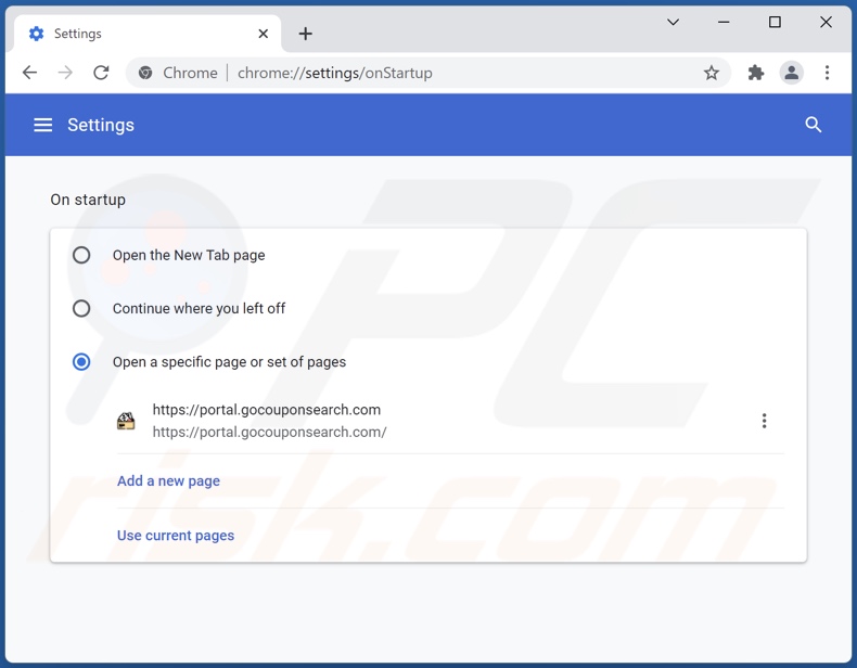 Eliminando gocouponsearch.com de la página de inicio de Google Chrome