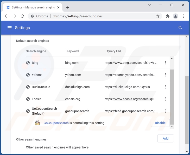 Eliminando gocouponsearch.com del motor de búsqueda predeterminado de Google Chrome