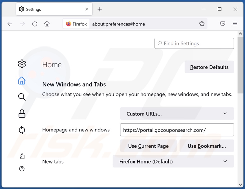 Eliminando gocouponsearch.com de la página de inicio de Mozilla Firefox