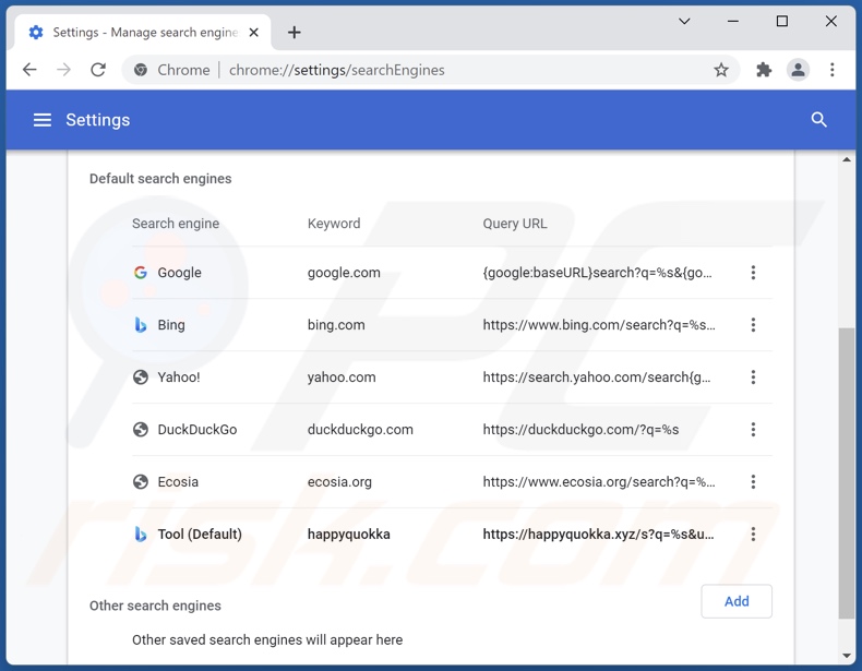 Eliminando happyquokka.xyz del motor de búsqueda predeterminado de Google Chrome