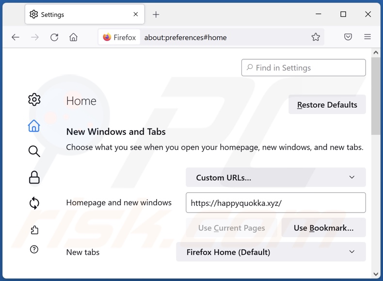 Eliminando happyquokka.xyz de la página de inicio de Mozilla Firefox